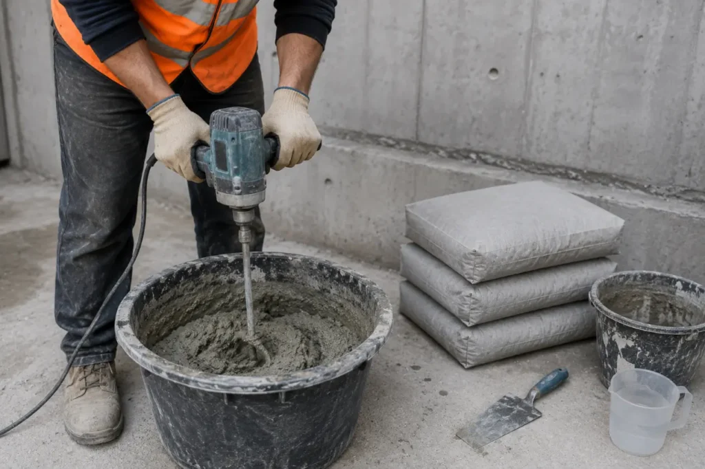 Construction Worker Mixing Cement-Repair Mortar 1