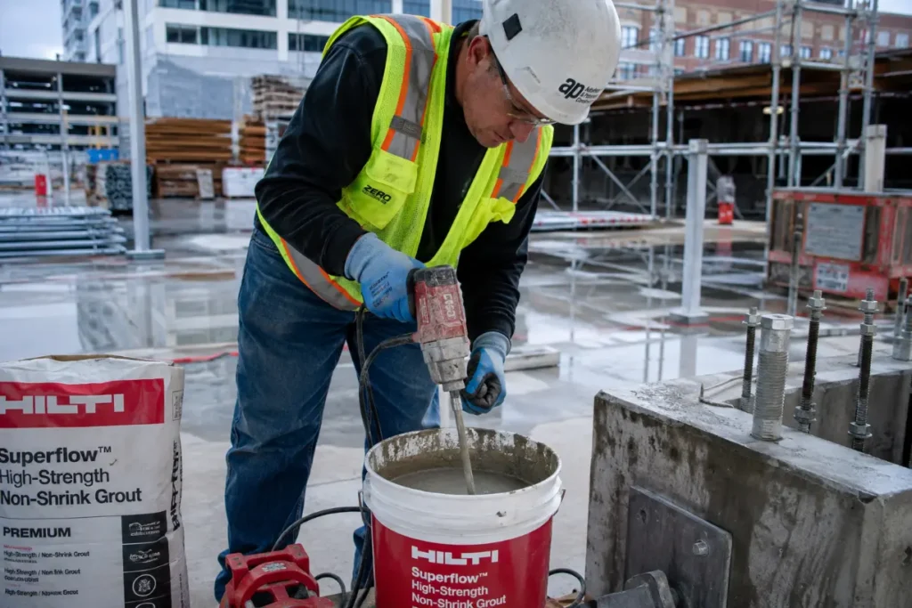 Construction Worker Mixing Grout on Site-Construction Chemicals Grout 1