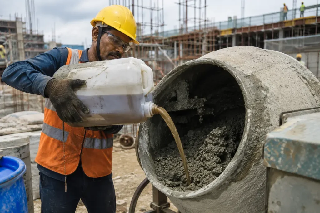 Construction Worker Pouring Into Mixer-Concrete Admixture: Selection Guide 3