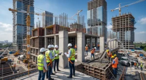 Engineers and workers at a high-rise construction site-Construction Chemicals 1