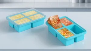 Two turquoise silicone freezer trays filled with portioned frozen soup blocks.