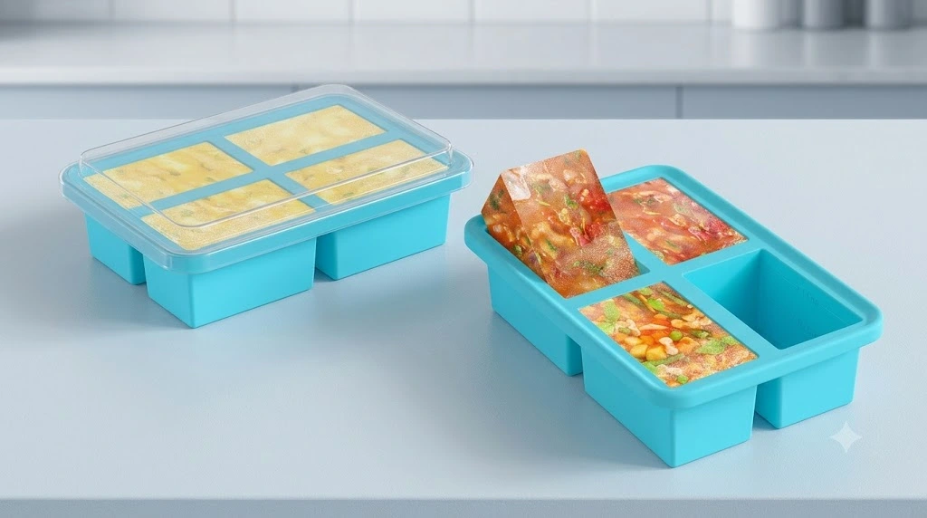 Two turquoise silicone freezer trays filled with portioned frozen soup blocks.