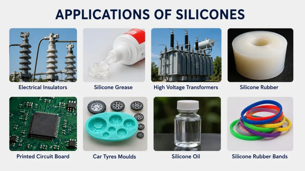 Various applications of silicones in electronics, healthcare components, automotive seals, and protective coatings