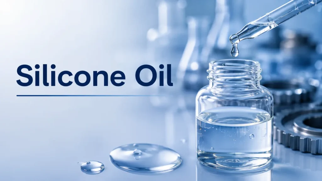 Clear silicone oil lubricant pouring from a container. It is used for machinery lubrication.