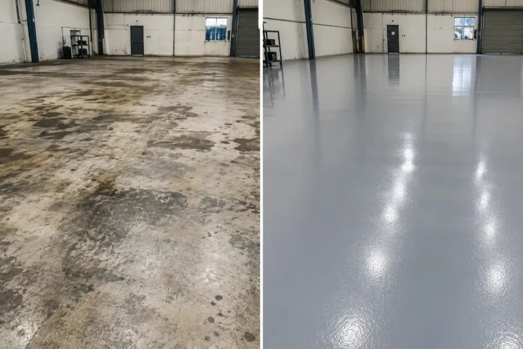Industrial Floor Transformation Comparison-Epoxy Flooring1