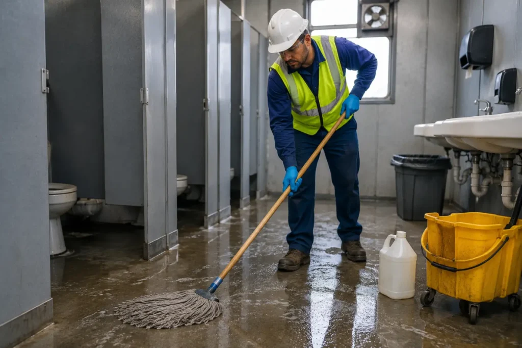 Industrial Restroom Cleaning Scene- Best Sanitation Chemicals for Construction Restrooms 3