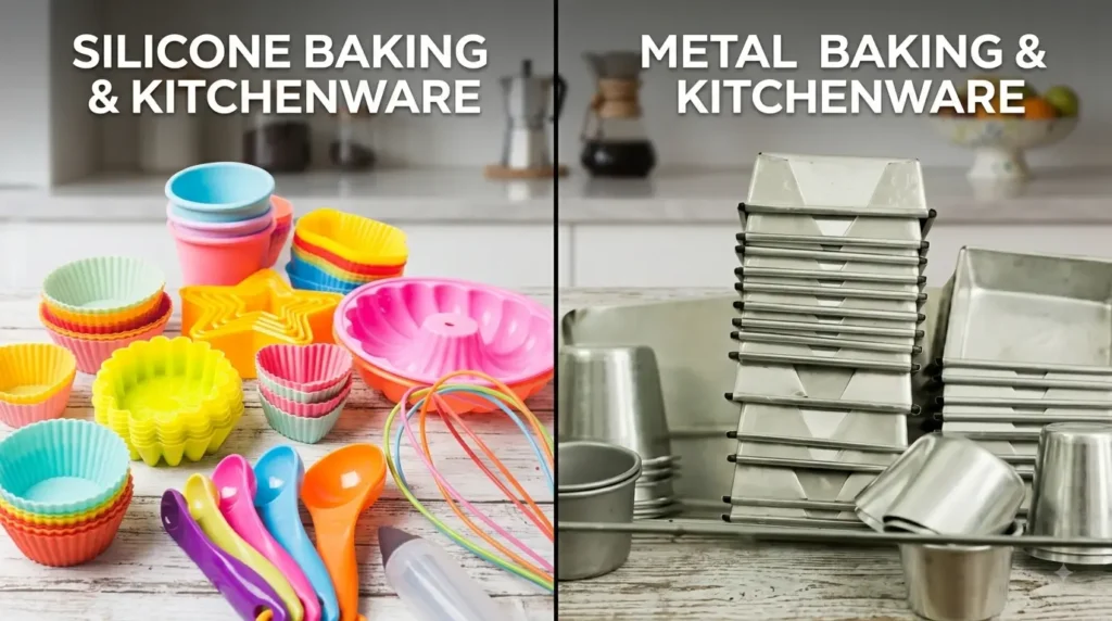Kitchenware illustrating a material property comparison to answer the question is silicone a metal.