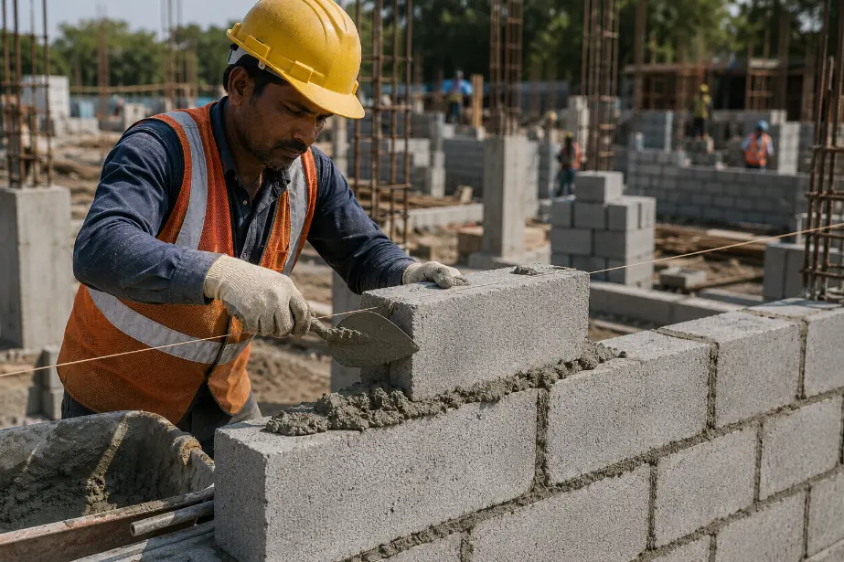 Masonry Worker Building a Cinder Block Wall-Mortar1
