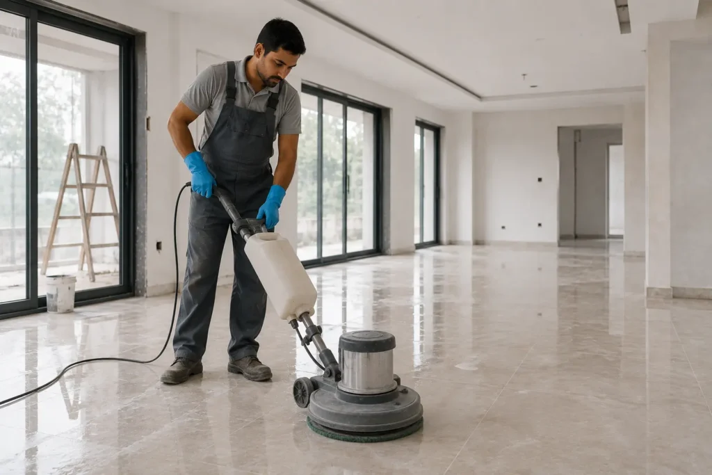 Polishing a Modern Lobby Floor-Post Construction Cleaning Chemicals 1