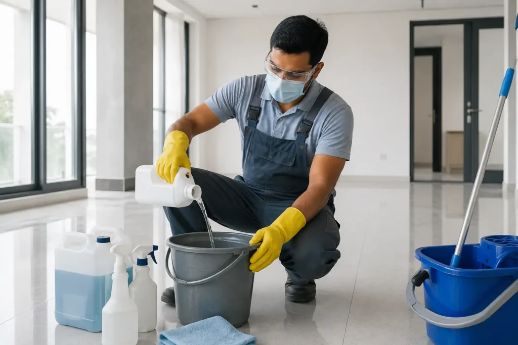 Professional Cleaner Preparing Supplies-Post Construction Cleaning Chemicals 2