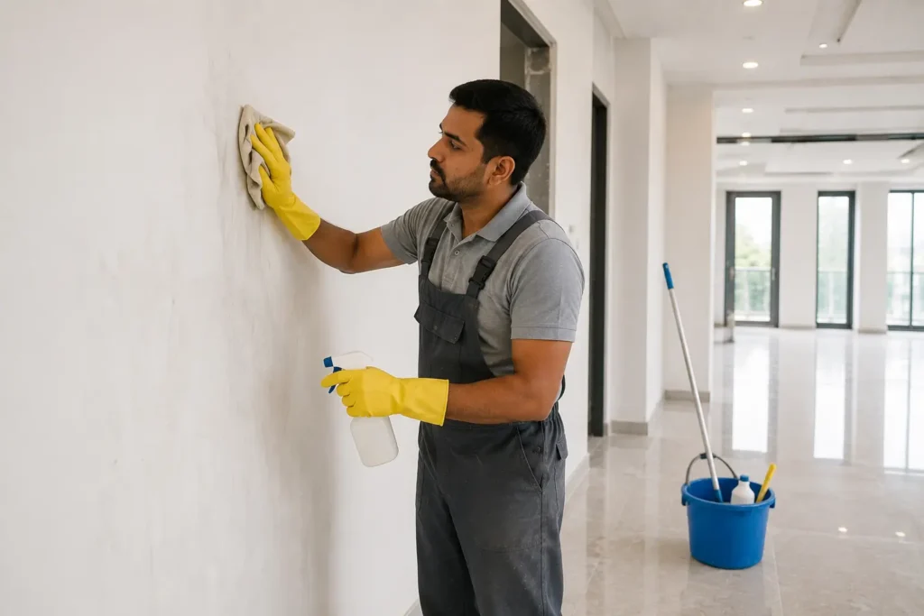 Professional Wall Cleaning in Modern Lobby-Post Construction Cleaning Chemicals 3