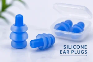 Blue silicone ear plugs for hearing protection.