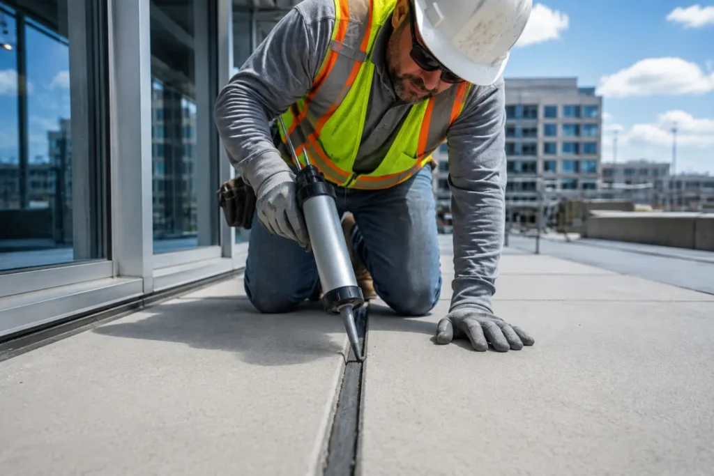 Rooftop Worker Sealing Concrete Joint-Specialty Construction Chemicals 2