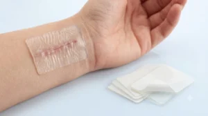 Clear, flexible silicone scar sheet applied over a healed wrist scar alongside stacked unused sheets on a white background.