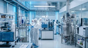 Scientists in white suits examine silicone polymer machinery-Silicones 1