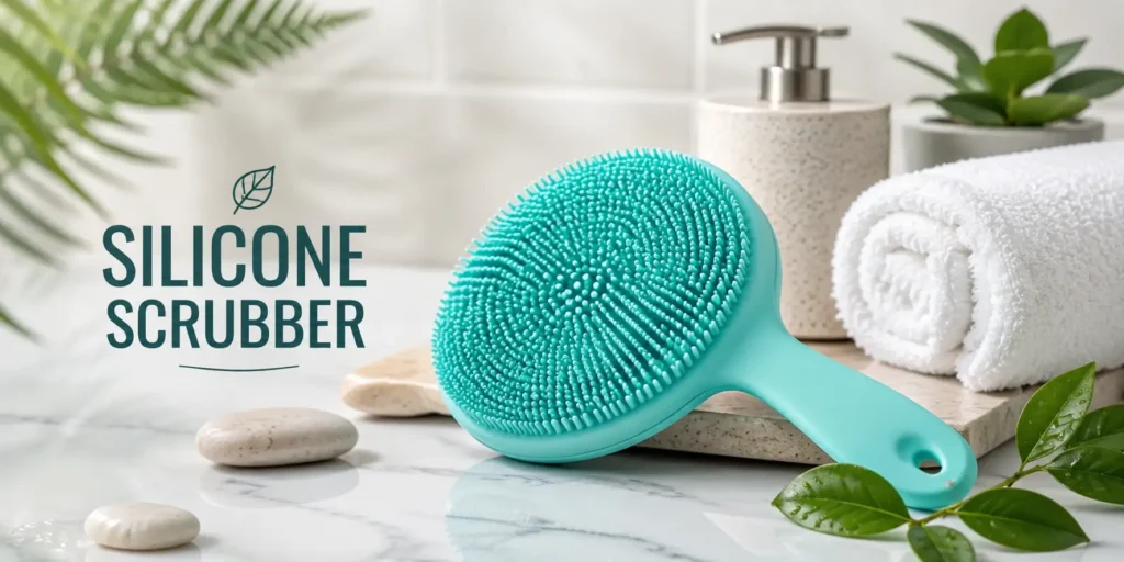 Silicone Scrubber. A soft, mint-green silicone body scrubber with flexible bristles on a wooden soap tray.