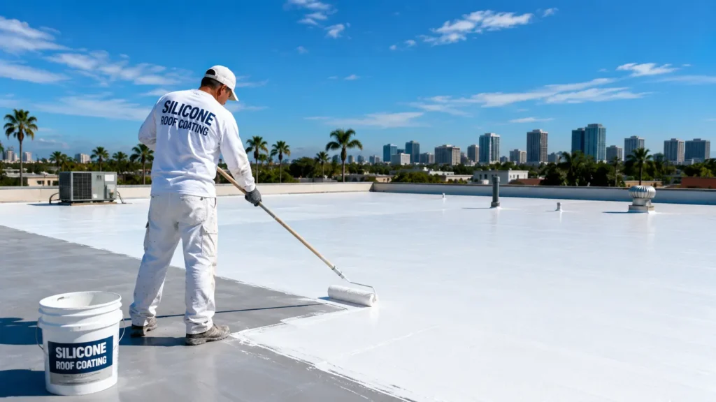 A man applying silicone roof coating on a commercial roof