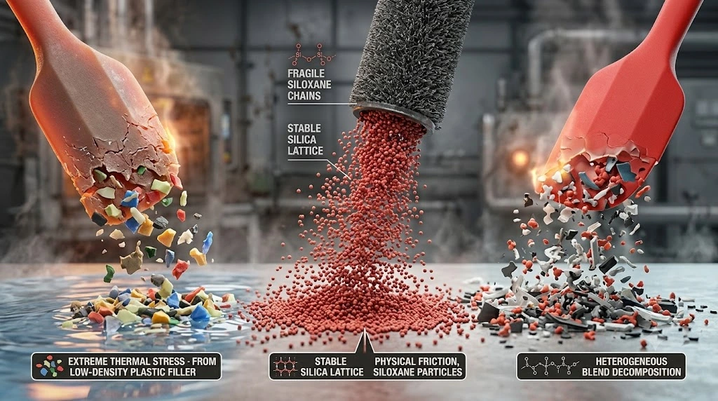 ow-quality silicone with plastic fillers breaks down into micro-particles under heat and wear.