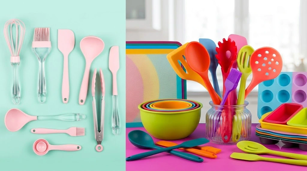 Ensuring silicone cookware safety with colorful, non-toxic kitchen utensils.