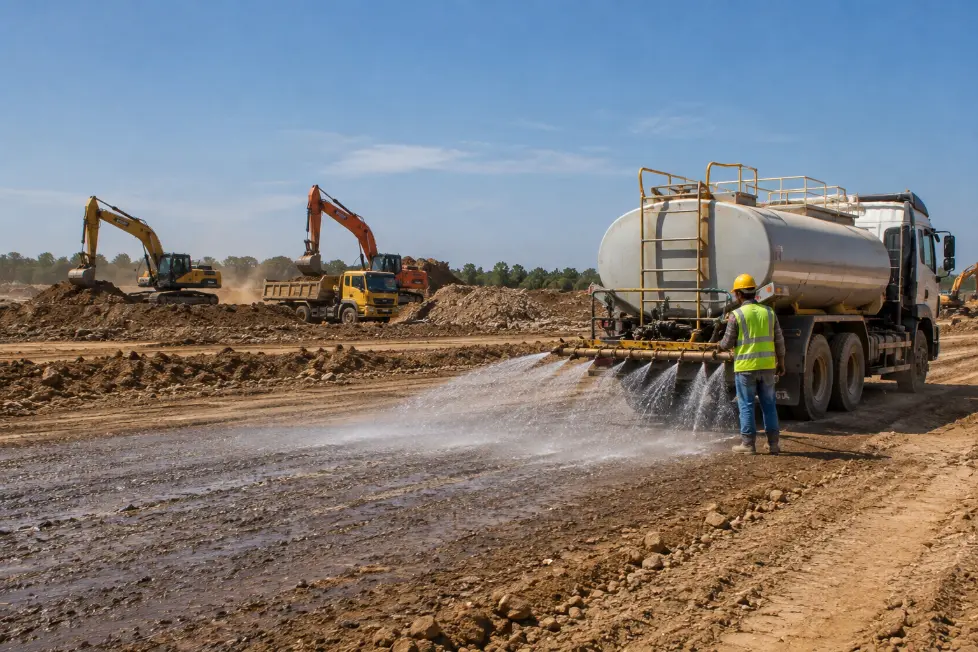 Water Truck Spraying Dusty Construction Site-Chemicals Used for Dust Control at Construction Sites 3