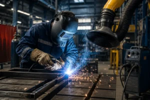 Welder using proper ventilation and PPE-Chemical Hazards in Construction 1