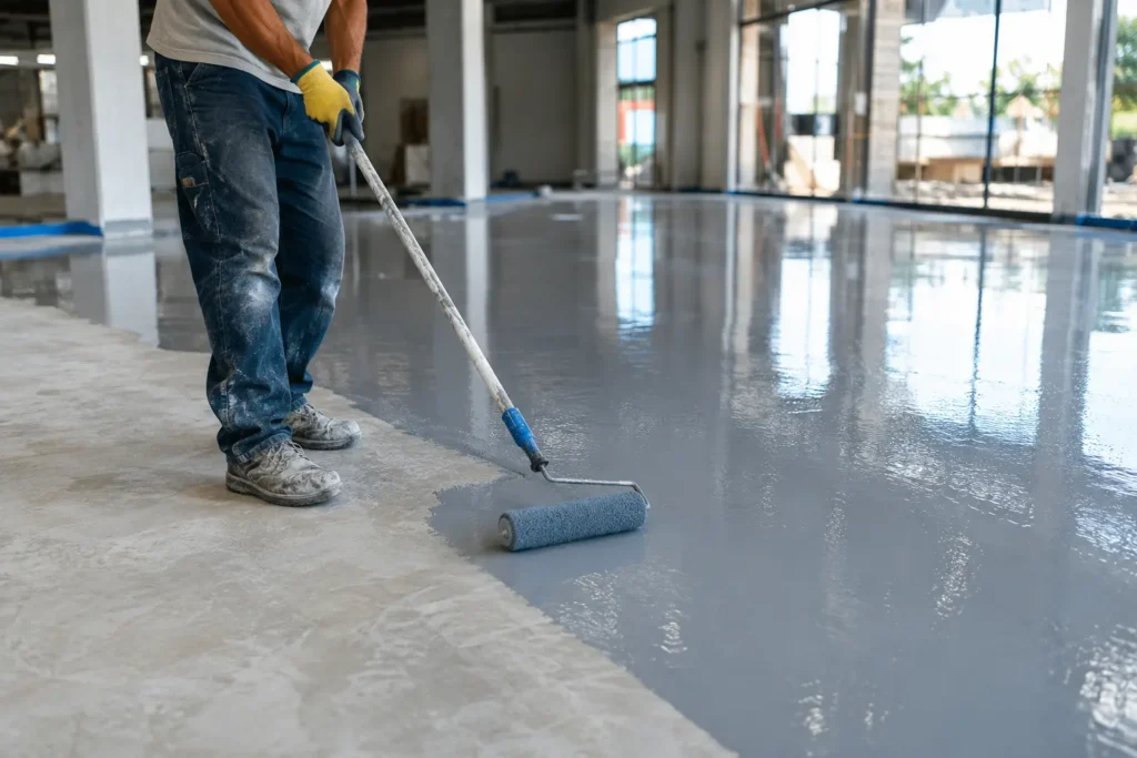 Worker Applying Glossy Floor Coating-Epoxy Flooring: 