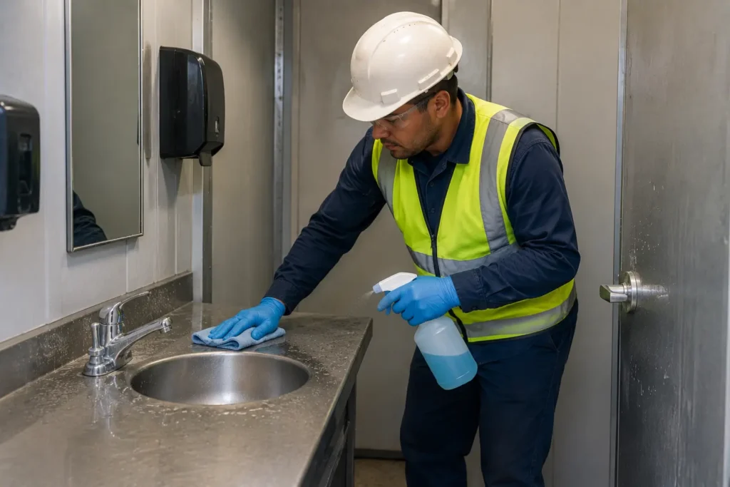 Worker Cleaning Industrial Restroom-Best Sanitation Chemicals for Construction Restrooms 2