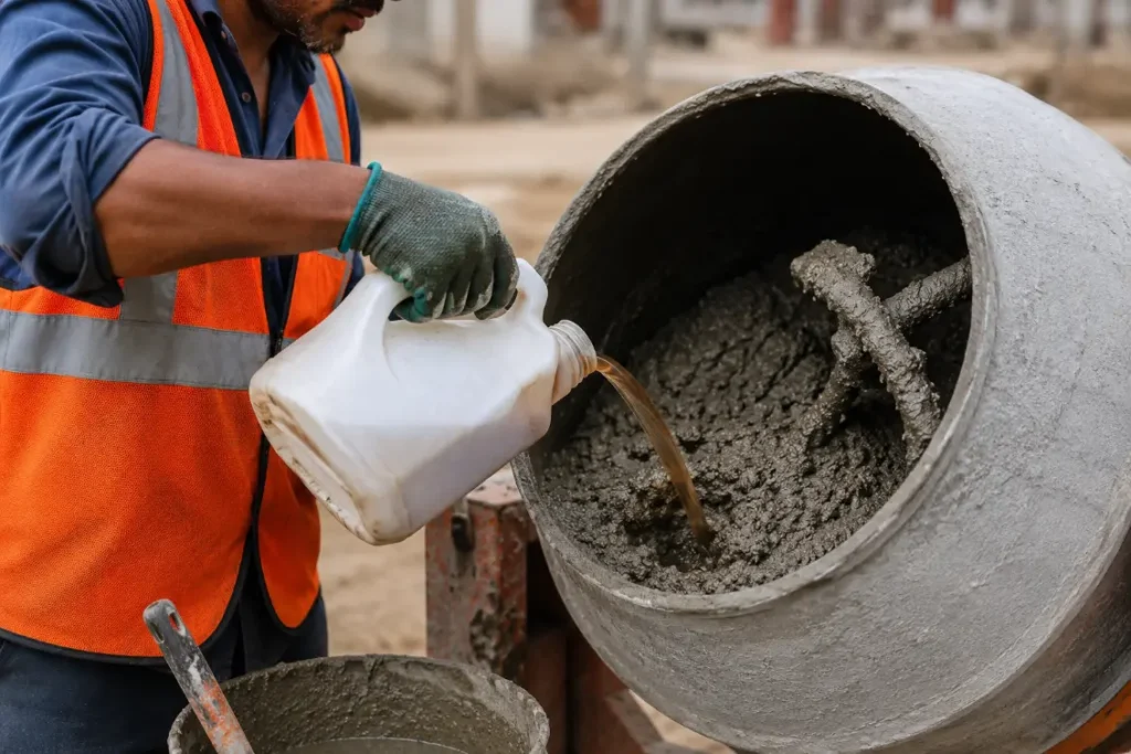 Worker Pouring Liquid into Concrete Mixer-Waterproofing Admixture2