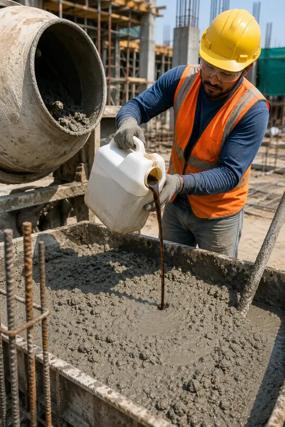 Worker adding admixture to wet concrete-Building Construction Chemicals 2