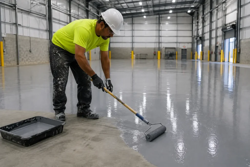 Worker applying epoxy floor coating-Construction Chemicals for Flooring 2