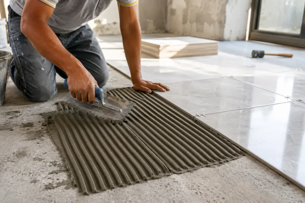 Worker applying tile adhesive-Building Construction Chemicals 3