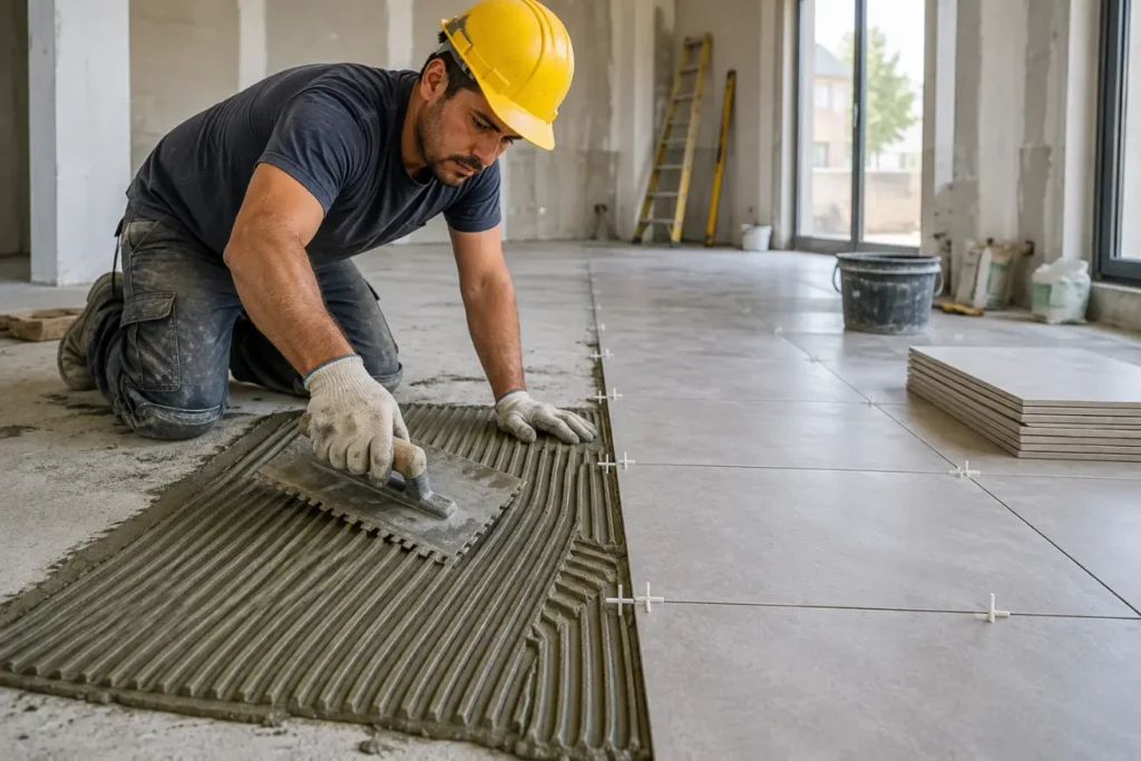 Worker applying tile adhesive to floors-Construction Chemical Suppliers 2