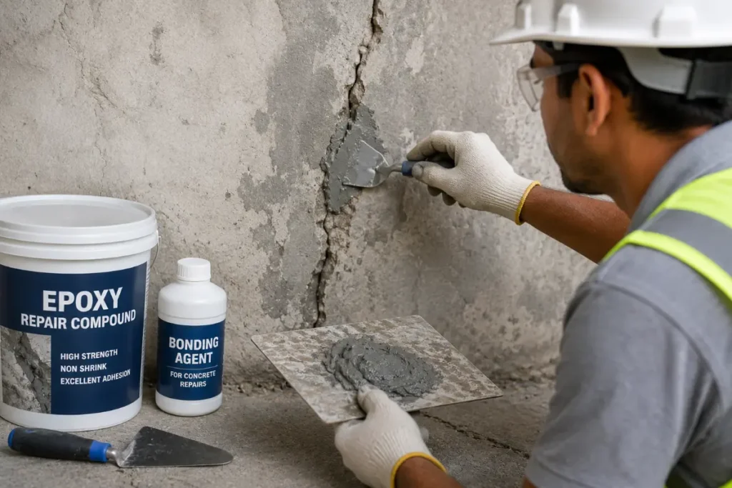 Worker repairs cracks in concrete walls-Building Construction Chemicals 2