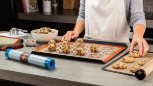 A baker at a countertop arranges cookie dough balls and freshly baked cookies on colorful silicone baking mats.