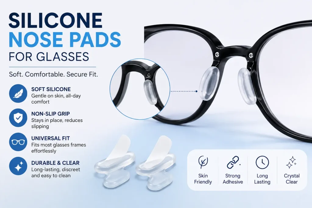 A set of clear, flexible silicone nose pads attached to a stylish metal frame, highlighting their soft texture and anti-slip grip.