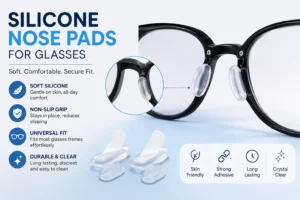 A set of clear, flexible silicone nose pads attached to a stylish metal frame, highlighting their soft texture and anti-slip grip.