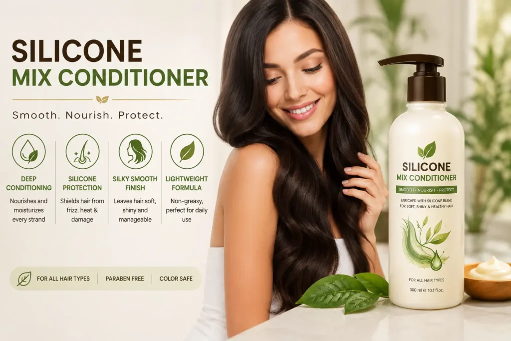 A sleek jar of deep-conditioning silicone mix hair treatment sitting on a clean vanity alongside a smooth strand of glossy hair, showcasing its rich texture.