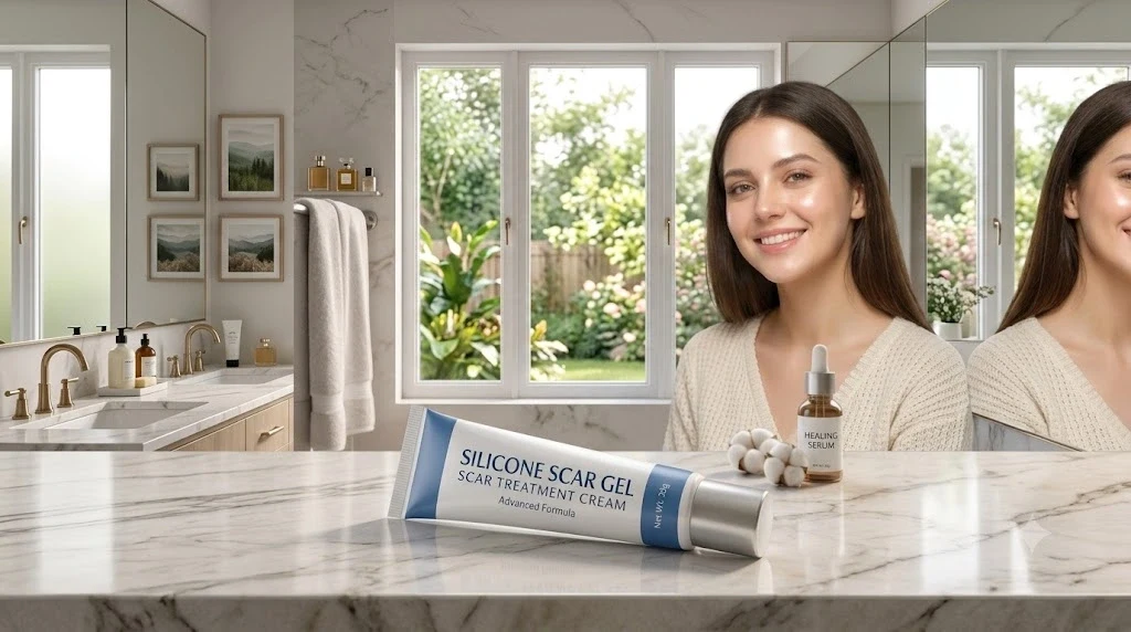 A smiling woman with bright, radiant skin stands in a sunny, modern bathroom beside a tube of silicone scar cream on a marble countertop.