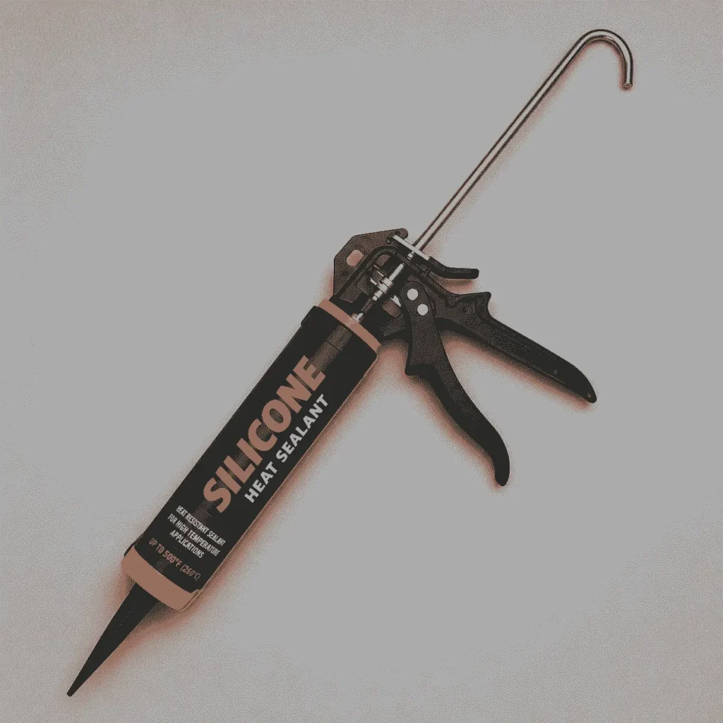 High heat silicone sealant cartridge with caulking gun on a grey background