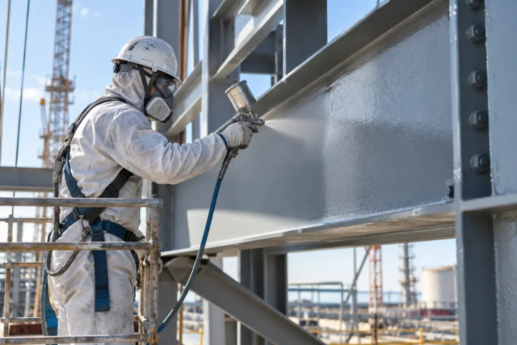 Industrial Worker Spray-Painting Steel Beams-Anticorrosive Coating 1