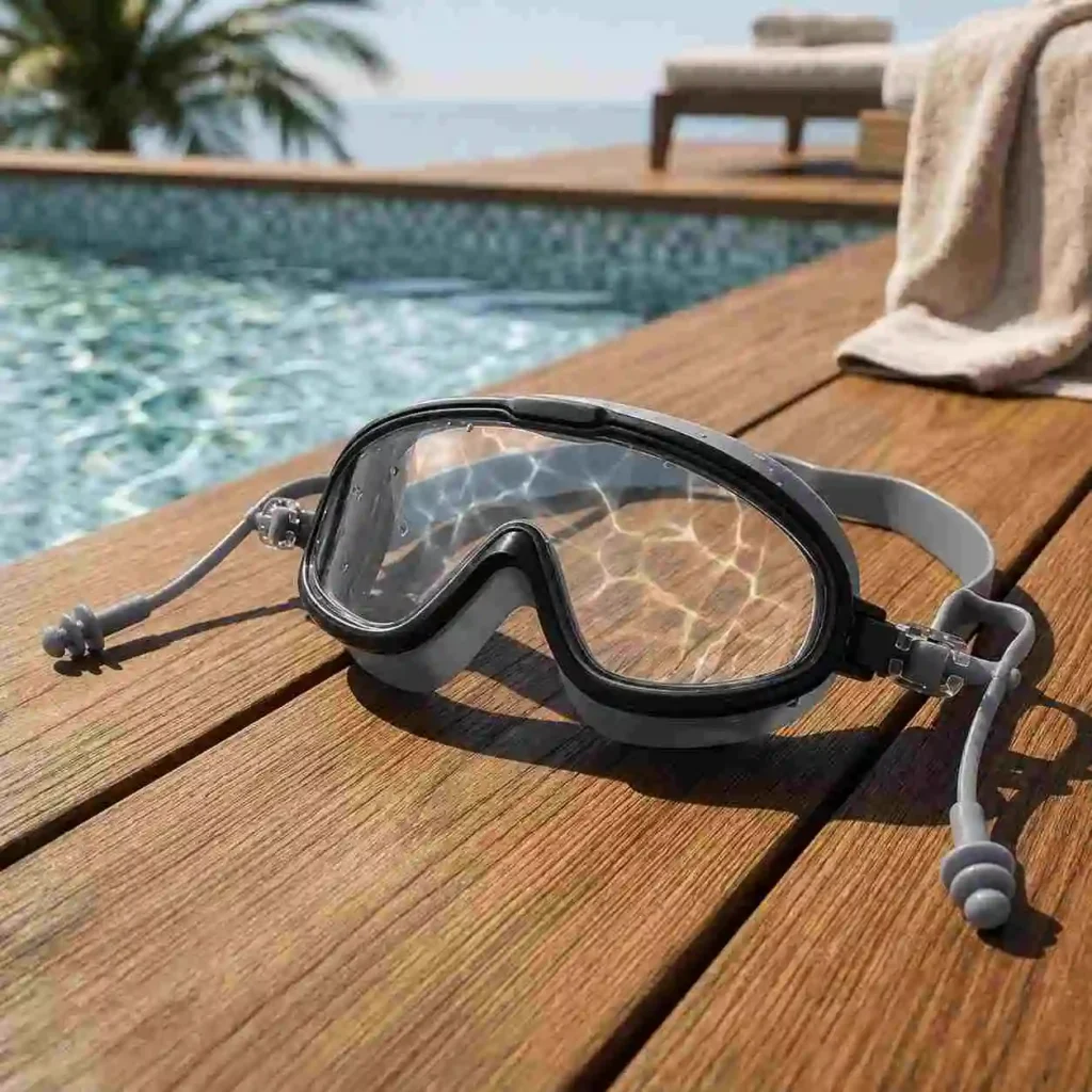 Black and grey silicone swimming goggles resting on a wooden poolside deck beside a swimming pool.