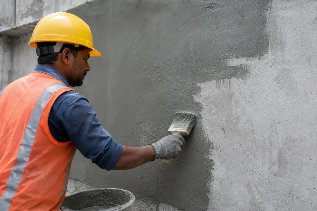 Worker Applying Gray Wall Coating-Cement Waterproofing 1