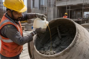 Worker Pouring Additive into Concrete Mixer-Superplasticizer 1