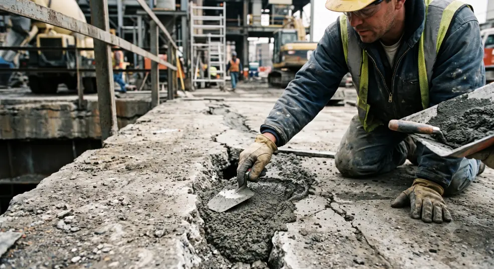 Worker patching cracks in concrete slab-Chemical Application in Construction 2