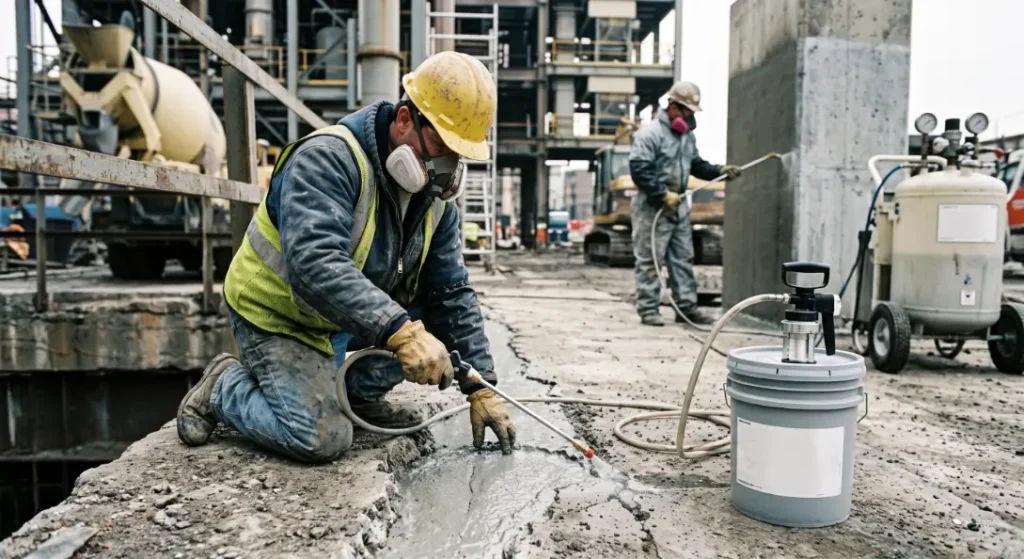 Worker spraying chemical on concrete-Chemical Application in Construction 3