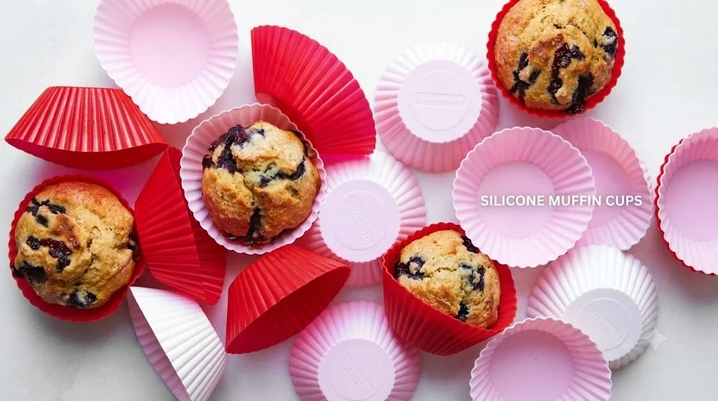 Silicone muffin cups used for baking muffins and cakes.