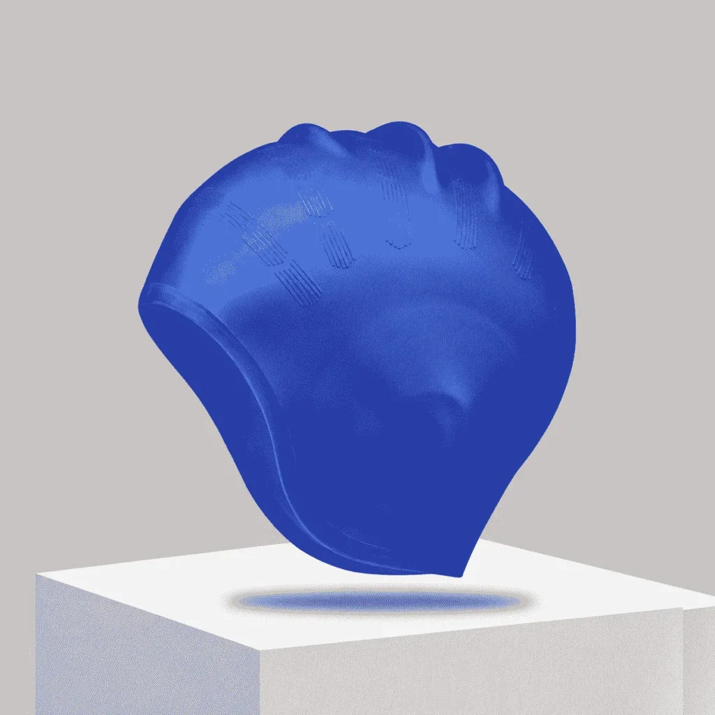 Blue silicone swim caps floating above a white pedestal-silicone swim caps 1
