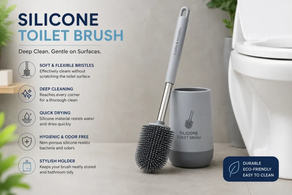 Silicone toilet brush with flexible bristles for hygienic, scratch-free, and effortless bathroom cleaning.