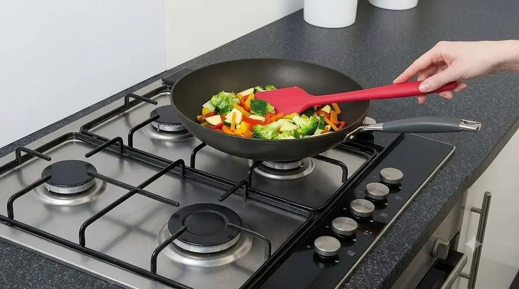 A person uses a red silicone spatula to stir-fry vegetables in a pan on a gas stovetop.