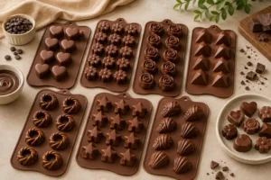 Assorted brown silicone chocolate molds in heart, flower, rose, star, ring, and shell shapes with finished chocolates on a beige countertop.
